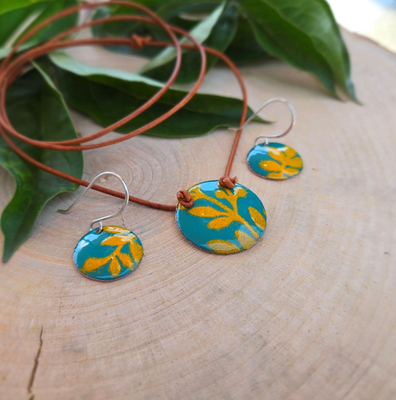 Laura Eustace, Botanical Enamelled Copper Earring and Necklace Set GreenYellow